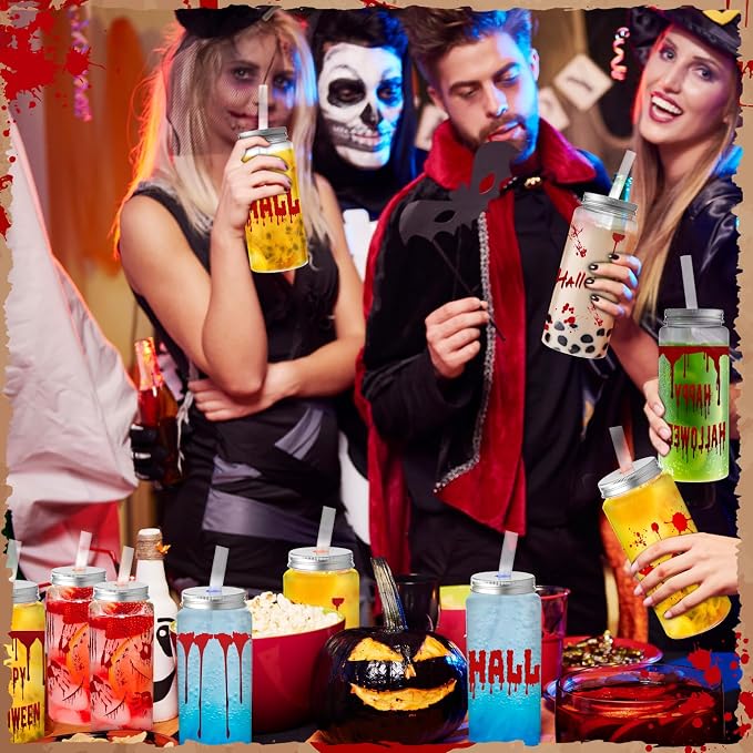 Skylety 30 Pcs Halloween Blood Printed Plastic Cups 13.5 oz Plastic Tumbler with Lids and Straws Reusable Bloody Drinking Cups for Halloween Themed Party Supplies Juice Soda Drinks