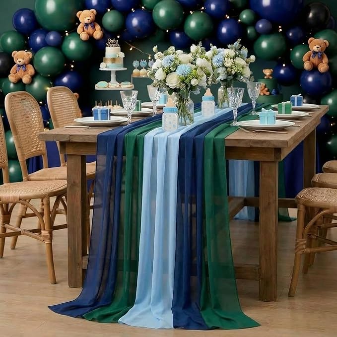 Boao 6 Pcs Blue and Green Party Decorations Table Runner Cloth 10Ft Boho Sheer Rustic Fabric for Wedding Birthday Party Baby Bridal Shower Graduation Dawn Sunset Decor