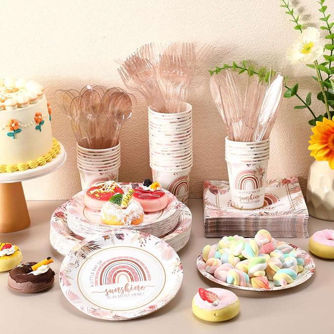 Ziliny 350 Pcs Boho Sunshine Baby Shower Party Supplies Rainbow Paper Plates Napkins Cups and Plastic Cutlery Party Tableware Set for Baby Shower Birthday Decorations, Serves 50