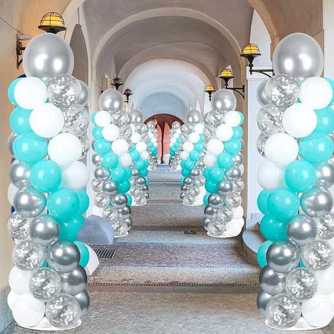 2 Sets Teal Blue Silver White Balloon Column Stand Kit with 102 Balloons Adjustable Balloon Tower Stand with Bases for Floor Confetti Silver Balloons Column Kit for Graduation Birthday Party Decor
