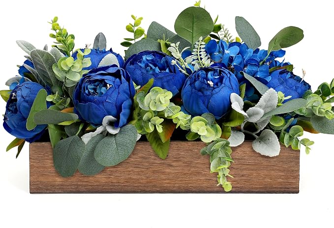 Royal Blue Flower Centerpieces for Table, Pre-Made Artificial Peony Hydrangea Centerpieces for Dining Table Wood Flowers Centerpieces for Wedding Graduation Living Room Party Bar Kitchen Table