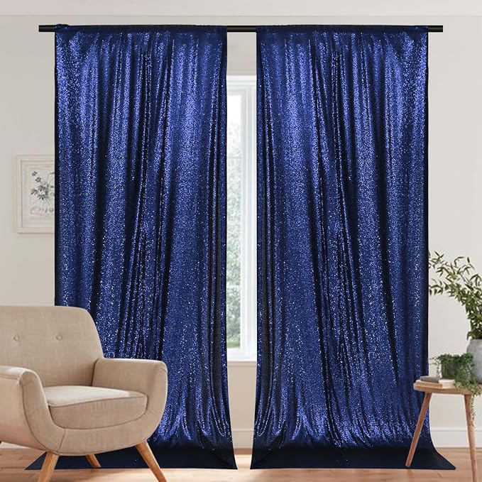 PartyDelight Navy Blue Sequin Backdrop Curtains 5x10ft 2 Panels | 3mm stitched sequin curtain with 4 inch rod pocket for 5x10ft wide reception wall head table stage backdrop and event display