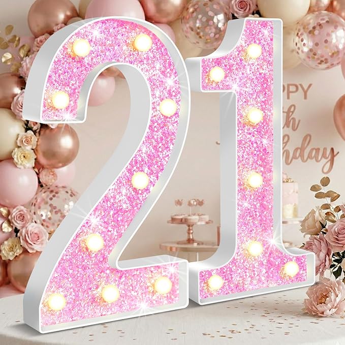 12.6 Inch LED Pink Marquee Light Up Numbers, Sweet 21st Birthday Decorations Number Lights as Gifts for Women, Glitter Lighted Marquee Numbers for Pink Anniversary Party Table Decor, 21