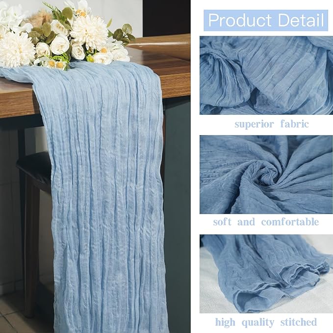 16 Pack Dusty Blue Cheesecloth Table Runner 10Ft Boho Gauze Table Runners 35x120 Inch Blue Cheese Cloth Table Runners Long Sheer Table Runners for Wedding Bridal Shower Birthday Party Table Decor