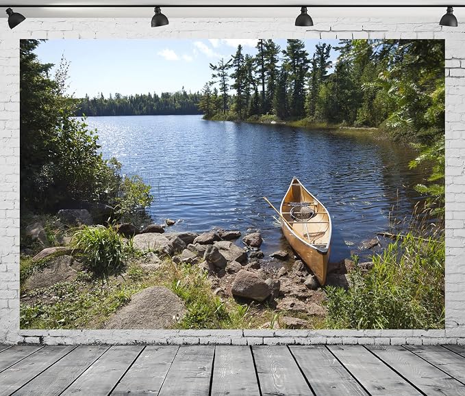 BELECO 20x10ft Fabric Forest Lake Fisherman's Canoe Backdrop for Photography Summer Green Trees River Fishing Background Fishing Theme Party Decorations Studio Booth Photo Props