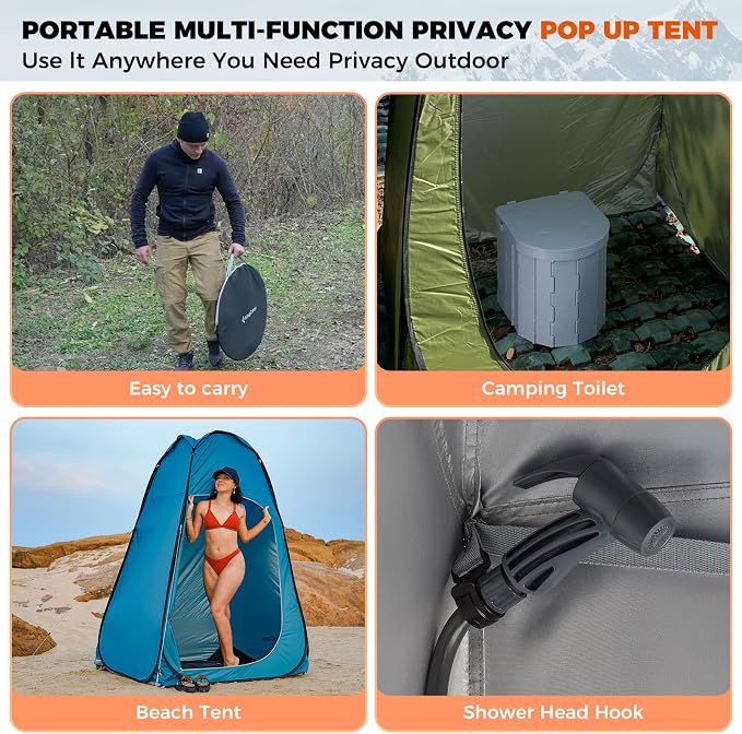 KingCamp Camping Shower Tent, Portable Outdoor Privacy Toilet & Changing Tent Windproof & Waterproof Easy Setup Shelter with Shower Bag for Camping Hiking Beach