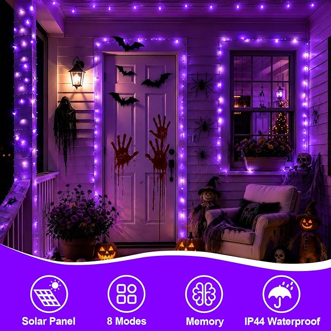 YEGUO 4 Pack Halloween Solar Fairy Lights, Each 33ft 100 LED Purple Christmas Lights Outdoor Waterproof, 8 Modes Sliver Wire Solar String Lights