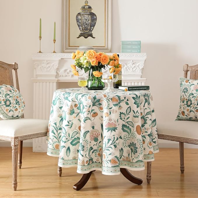 patdrea Vintage French Linen Tablecloth,Round,Diameter 55"-Tree Life | Elegant Colorful Table Cloth for Round Table,Green Floral Patterned,for Dining Room Tea Party Thanksgiving,Durable