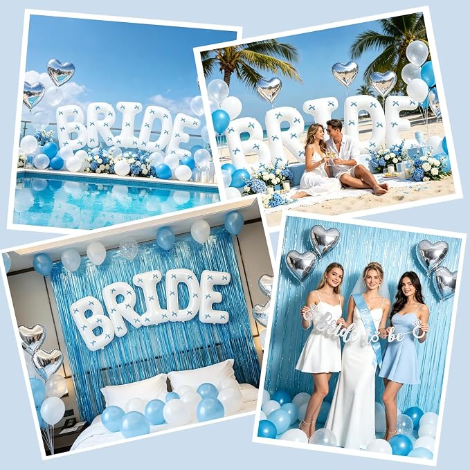 Bachelorette Party Decorations, Light Blue Bridal Shower Decor Set with 40" Bride Balloons, White Sash, Veil, Foil Curtains, Banner & 30pcs Blue Butterflies for Beach Coast Lake Party