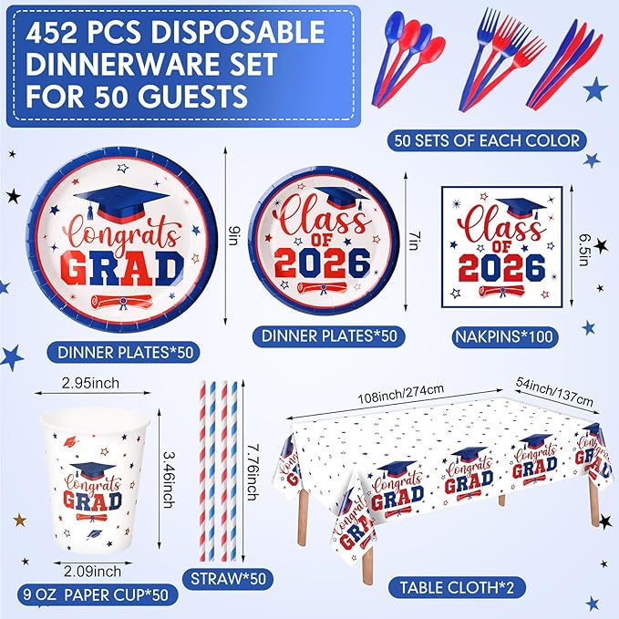 Funnymoom 452 Pcs Class of 2026 Red White Blue Graduation Party Decoration for 50, Red Blue Graduation Paper Plates Napkins Cups Tablecloth Cutlery Straw for College School Congrats Grad Party Supply