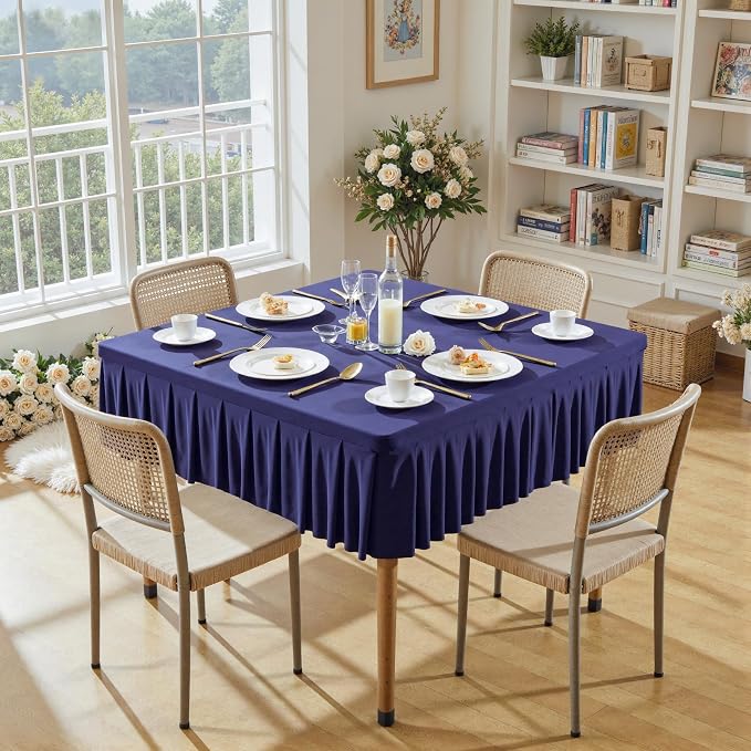 34x34 Inch Navy Blue Spandex Square Tablecloth,Wrinkle Free Navy Blue Fitted Table Cloth for Square Tables,Washable Pleated Table Cover for Wedding Birthday Cocktail Party Buffet Dinner Camping