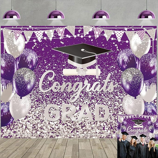 2026 Graduation Backdrop Purple Silver Congrats Grad Bachelor Cap Balloon Prom Send Off Photography Background School Celebration Class of 2026 Party Decor Banner Photo Props (Purple Silver, 8x6FT)