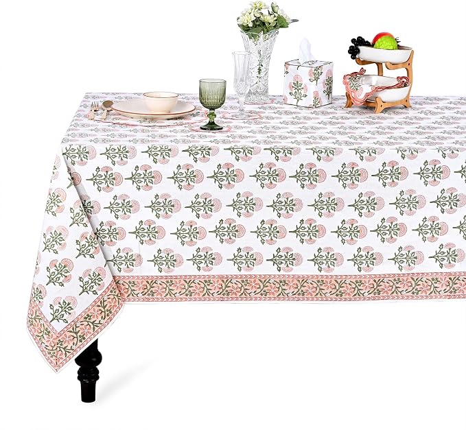 Ridhi Mughal Buta Peach Hand Block Print Cotton Rectangle Tablecloth 108" x 70" inches Reusable Table Cover Decorative Everyday Use for Dining Room, Farmhouse, Home Gift for Spring, Mother's Day