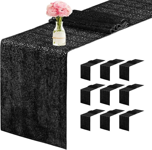 10 Packs 12 x 72 inches Sequin Table Runner, Black Glitter Table Runner for Birthday Party Supplies Wedding Engagement Baby Shower Holiday Celebration Event Decorations