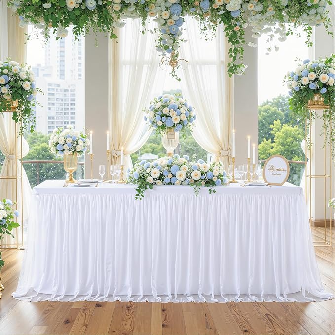 Suppromo White Tulle Tablecloth for 4 Foot Rectangular Tables 48 x 24 Inch White Rectangle Table Cloth 4ft Wrinkle Free Table Cover with Tutu Skirt for Wedding Birthday Party Banquet Tablecover