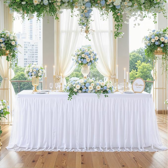 6 Pack White Tulle Tablecloths for 8 Foot Rectangular Tables 8ft White Tulle Table Skirt Wrinkle Free Table Cloth Cover with Tutu Skirt for Wedding Bridal Shower Birthday Party Banquet Buffet Cake