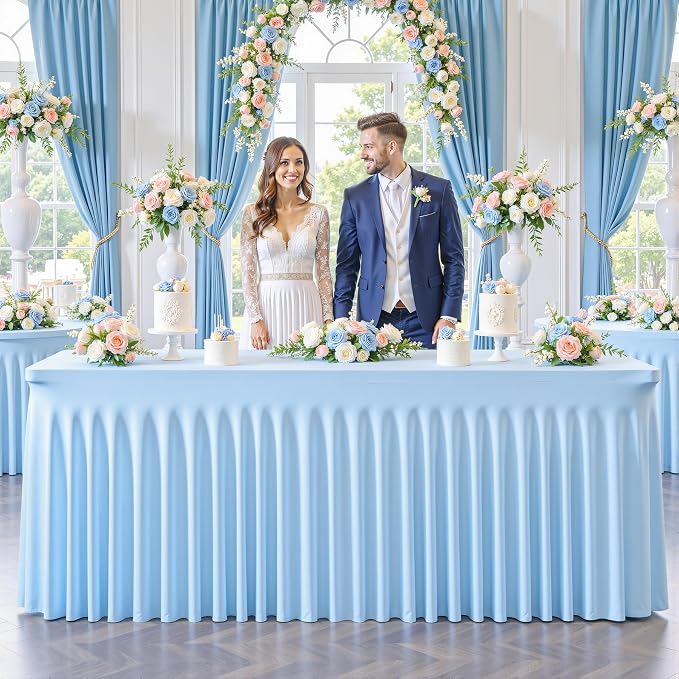 gogoparti 8 Pack Spandex Baby Blue Fitted Table Cloth for 6ft Rectangle Tables Light Blue Stretch Tablecloth Banquet Table Covers Wrinkle Free Tablecloths for Parties Wedding