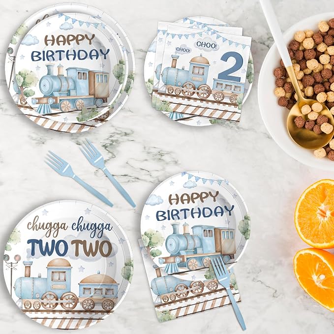 96Pcs Chugga Chugga Two Two Birthday Party Decorations Watercolor Train 2nd Paper Plates Retro Blue Disposable Choo Choo I'm 2 Tableware Set for 2 Year Old Birthday Party Supplies, Serves 24
