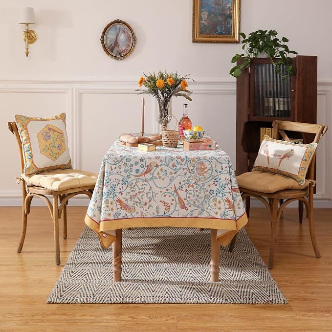 patdrea Vintage French Linen Tablecloth,Rectangular,118"x67"-Magnolia | Colorful Elegant Long Table Cloth for Rectangle Table,Yellow Floral Bird Print,Dining Room Tea Party Decoration,Durable