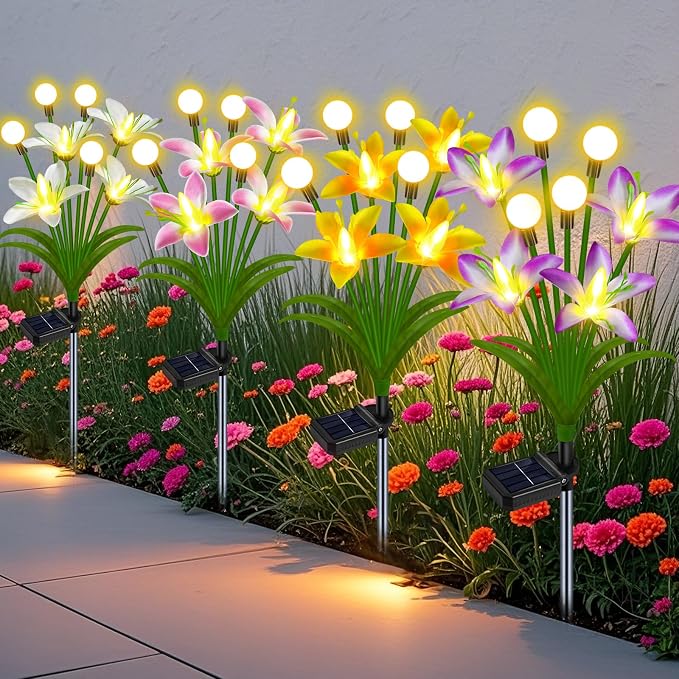 EDOF Solar Lights Outdoor Waterproof Garden Decor,4 Packs Lily Flowers Firefly Lights,Birthday Gifts for Women Mom,Solar Flowers Decorative Stakes Lights for Outside Yard Lawn Patio Porch Decorations