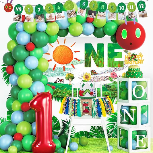 Green Caterpillar 1st Birthday Decorations, Fruit Theme Decorations – Backdrop Number One Balloon Highchair Banner Box Crown, Very Cartoon Hungry Little Caterpillar for First Birthday Party