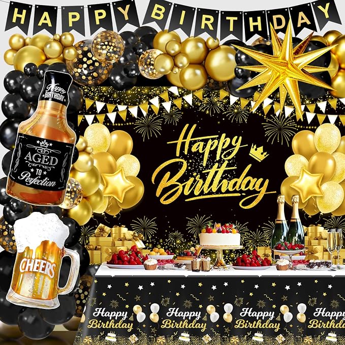 Black and Gold Birthday Decorations for Men Women | Black Gold Balloon Arch Kit, Happy Birthday Banner, Tablecloth, Backdrop