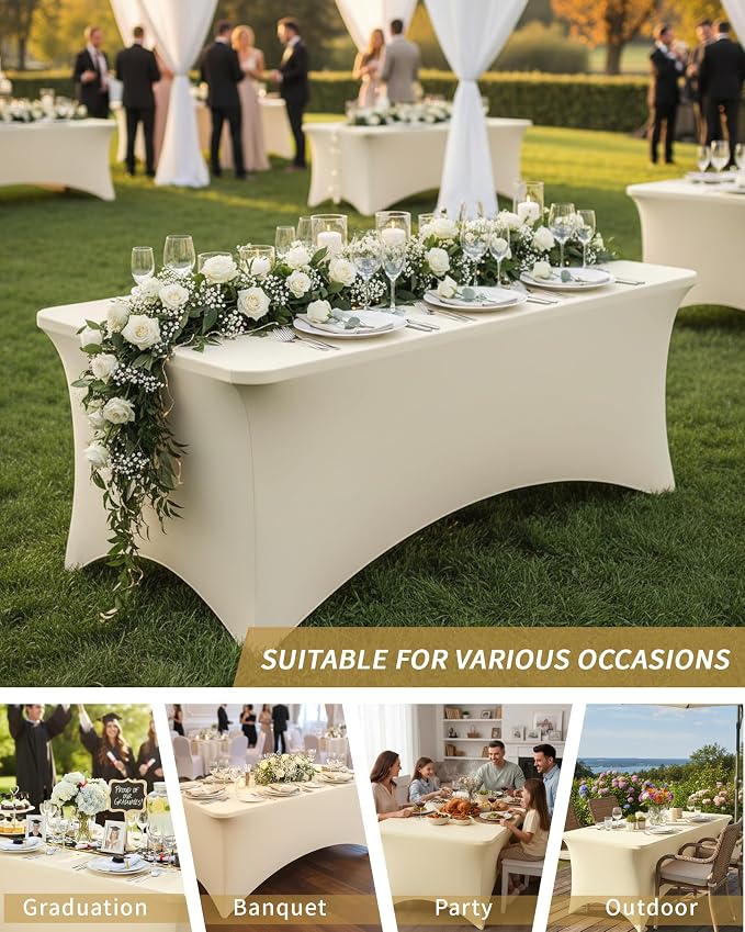 Fixwal 6 Pack 6Ft Ivory Table Cover, Spandex Fitted Tablecloths Rectangle, Wrinkle-Free and Stretch Folding Table Cloth for Banquet, Wedding, Party, Trade Show