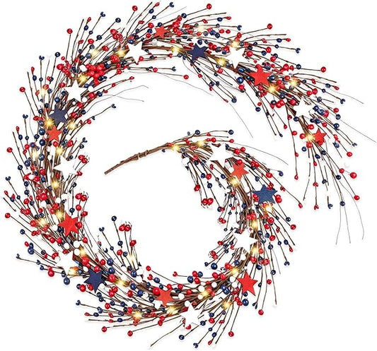 6.5 Ft 4th of July Patriotic Garland Lighted Red White Blue Memorial Day Garland Artificial Star and Berry 250th Anniversary Independence Day Veterans Day Decor for Home Mantle Door Fireplace Table