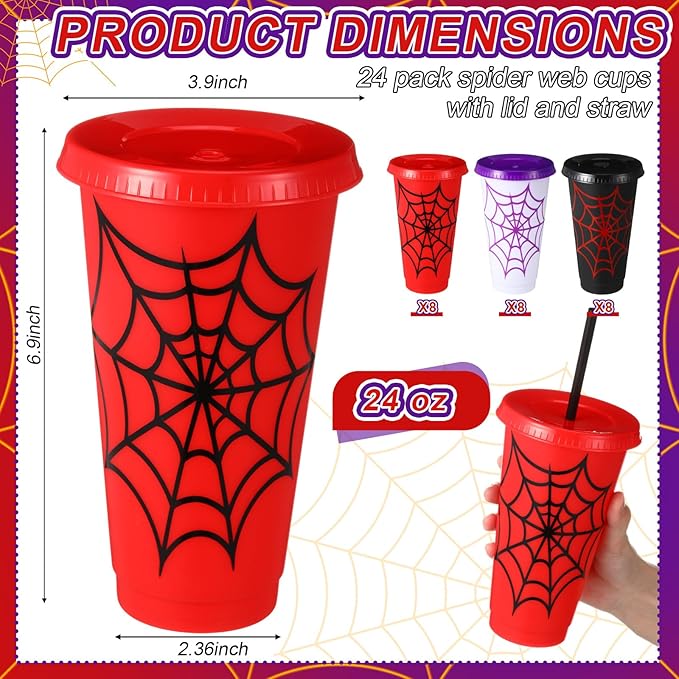 Newtay 24 Pieces Spider Cups with Straws and Lid - 24 Oz Reusable Plastic Spider Web Tumbler Red Black Blue Cups Bulk for Cartoon Birthday Baby Shower Party Favors Decoration Supplies