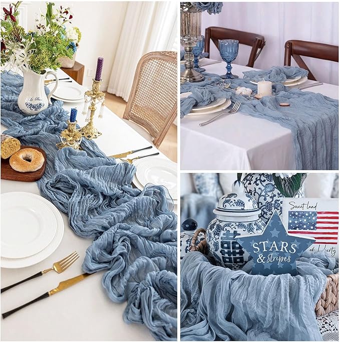 8 Pack Dusty Blue Cheesecloth Table Runner 21x120 Inch Gauze Table Runners Reusable Polyester 10ft Boho Rustic Cheese Cloth Table Runner for Wedding Party Baby Shower