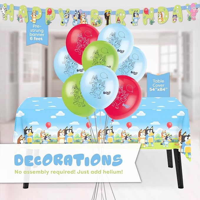 Bluey Birthday Decorations and Party Supplies | Serves 16 Guests | Bluey Party Decorations | Banner, Tablecloth, Balloons, Plates and Napkins, Sticker | Officially Licensed