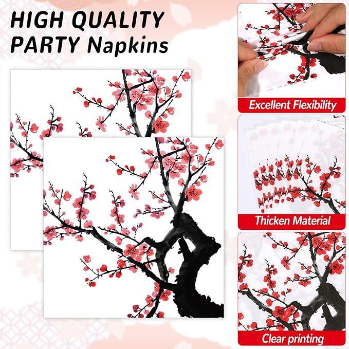 96Pcs Hibachi Party Decorations Chinese Japanese Cherry Blossom Tableware Sets Cherry Flowers Party Plates and Napkins for Hibachi New Year Spring Festival Wedding Supplies for 24 Guests