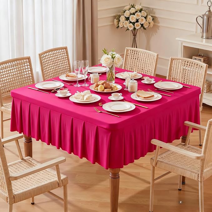 Wish Care Hot Pink Spandex Tablecloths for 54x54 Inch Square Tables, Stretch Fitted Table Clothes with Pleated Ruffle Skirt for 54” Table, Wrinkle Free and Elastic, for Party Kitchen Home Dining