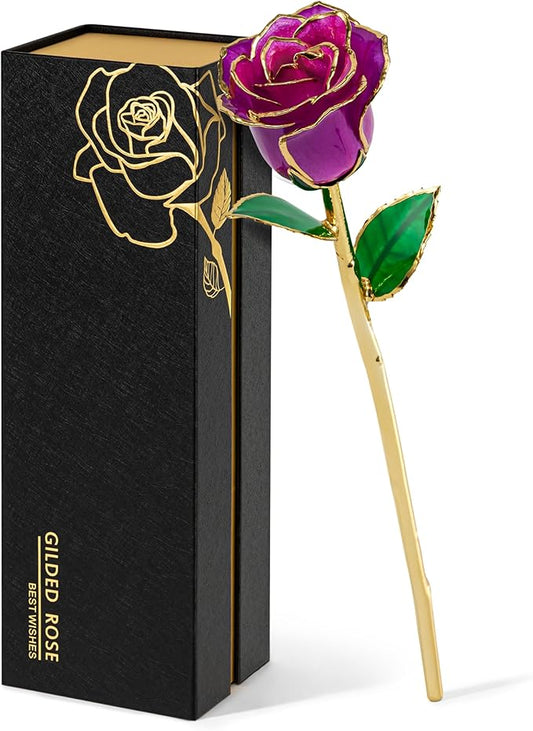 Mikasol Real 24K Gold Dipped Realistic Rose – Timeless Lifelike Bloom with Heart Puzzle Base – Romantic Gradient Purple Flower Gift for Her, Wife, Girlfriend, Mom – Birthday, Anniversary, Mother’s Day