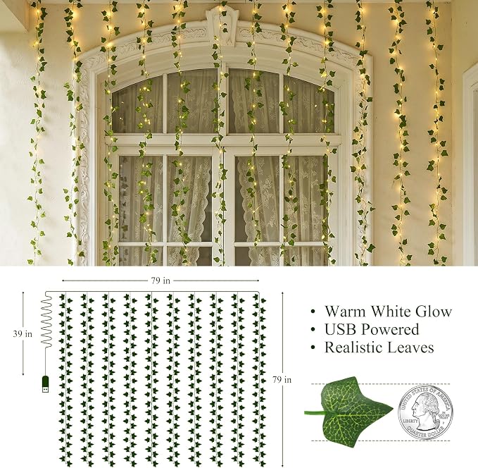 Vines with Lights for Dorm Room, 200 LED Fairy Curtain Lights with Ivy Vines,Warm White Fairy String Lights for Bedroom, 6.5 ft x 6.5 ft, USB Powered with Remote Control and 8 Modes for Bedroom Decor