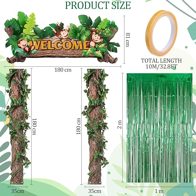 Peryiter 5 Pcs Rainforest Jungle Party Decorations Vbs 2026 Jungle Party Porch Banners Green Foil Fringe Backdrop Curtains Vbs 2026 Ceiling Hanging Decor for Sunday School Summer Birthday