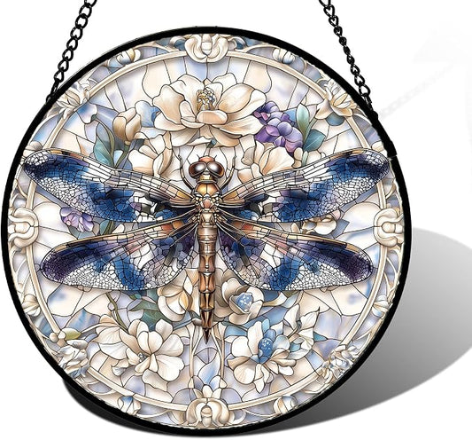 DASTOLL Stained Glass Window Hanging, Dragonfly Flower Suncatcher for Doors Home Sun Catchers Decoration and Christmas, Mother's Day Birthday Gifts for Women, Men, and Mom 9.8 in