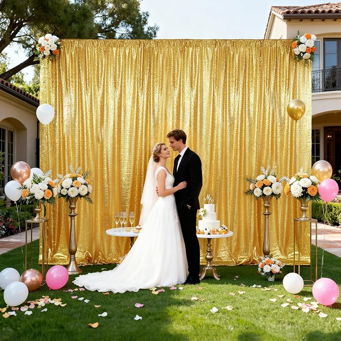 SquarePie 20x10ft Gold Sequin Backdrop for Photography, Satin-Backed Real Sequin Curtain, Enhanced Coverage Shimmering Background with 4" Rod Pocket for Wedding, Birthday, Party Decor, 1 Panel