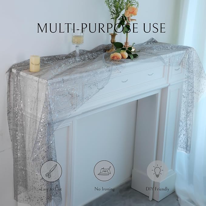 Snowkingdom Silver Gray Table Runner 10FT, Sheer Sparkly Shiny Glitter Sparkle Cheesecloth Tulle Elegant Centerpiece Modern Dining Decor for Wedding Party Bridal Shower Birthday Christmas New Year