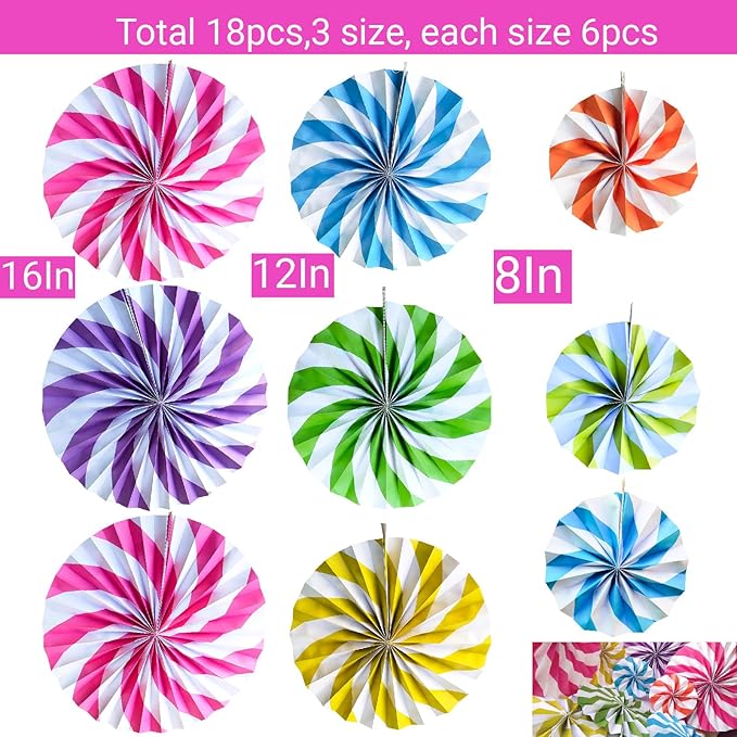 18Pcs Candyland Party Decorations Candy Paper Fans Hanging Background Wall Lollipop Candy Fans for Garland Ceilings Classroom Decoration Wedding Candyland Themed Birthday Party Supplies