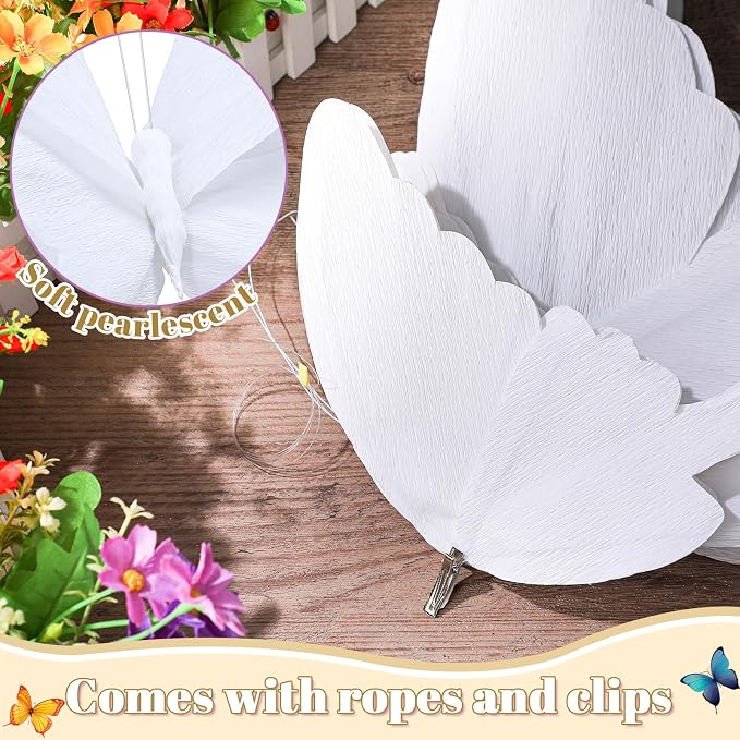 3 Pcs 3D Large Hanging Butterfly Decorations Large Butterfly Birthday Party Decorations 3D Crepe Paper Decoration for Wedding Party Birthday Baby Shower Garden(White,11inch,20 Inch)