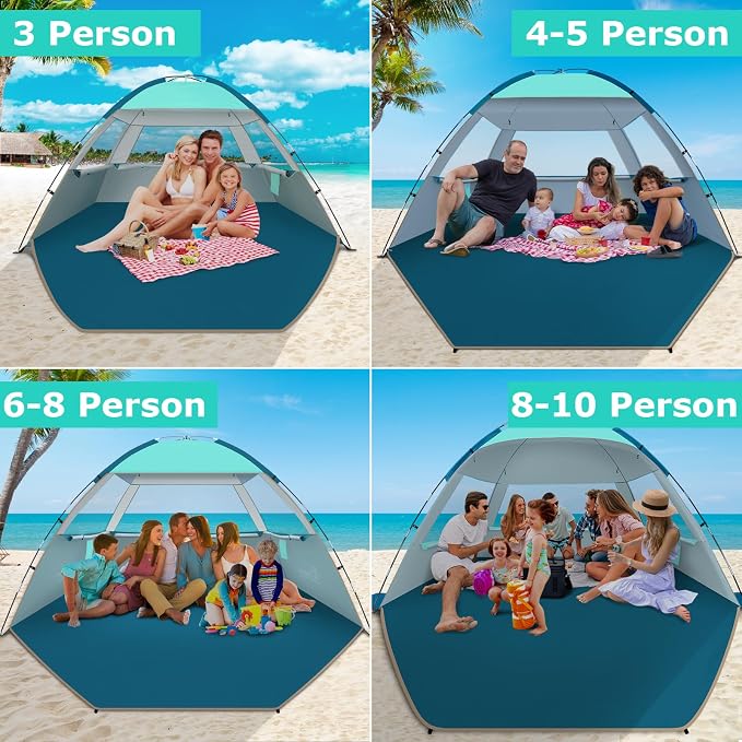 COMMOUDS Beach Tent Sun Shelter for 3/4/6/8 Person, UPF 50+ UV Protection Beach Shade Canopy Tent, Lightweight, Easy Set Up and Carry