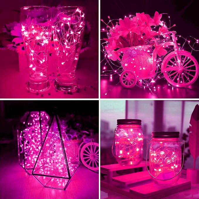 ZGWJ 50 Pack Fairy Lights Battery Operated, 7ft 20 Mini LED Fairy String Lights Silver Wire 3 Modes for DIY, Parties, Wedding, Bedroom, Halloween Christmas Decoration Pink