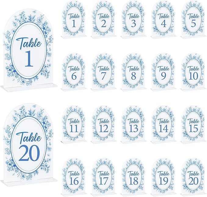 Blue Toile Themed Wedding Acrylic Table Number 1-20 with 20Pcs Stands, 5"x7" Blue Floral Place Card Centerpiece Decor Indoor Outdoor Wedding Bridal Shower Anniversary Party Reception