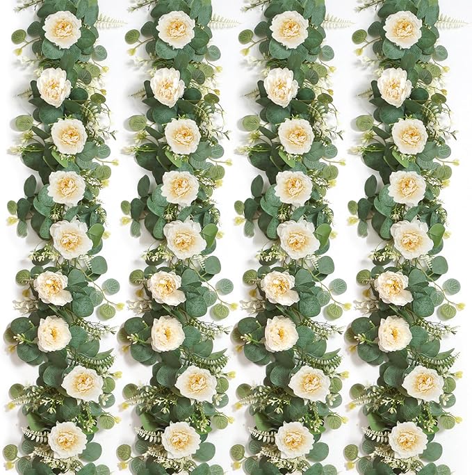 DEMIUKO 4PCS 6.56Ft Artificial Eucalyptus Flower Garland Fake Peony Flower Vine Faux Eucalyptus Leaves Greenery Garlands Spring Garland for Wedding Party Centerpiece Arch Table Runner Backdrop Decor