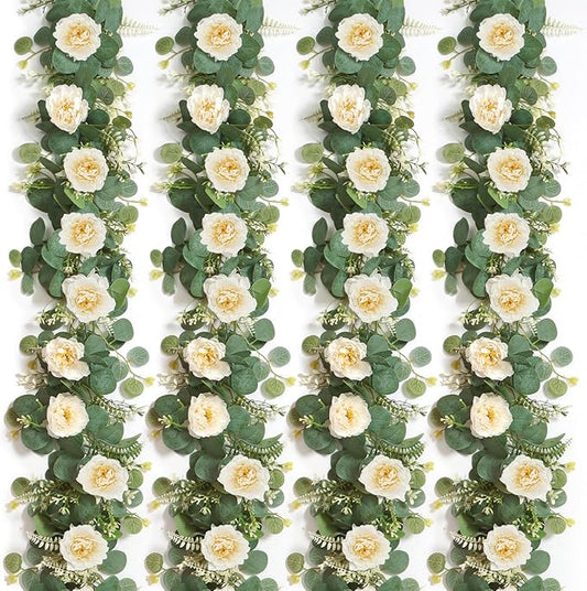 DEMIUKO 4PCS 6.56Ft Artificial Eucalyptus Flower Garland Fake Peony Flower Vine Faux Eucalyptus Leaves Greenery Garlands Spring Garland for Wedding Party Centerpiece Arch Table Runner Backdrop Decor