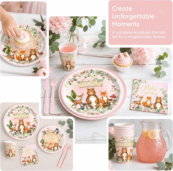 120PCS Woodland Party Supplies for Girls Baby Shower Pink Wild Animal Decorations Plates Napkin Cups Forks Knives Tableware Set for 20 Guests