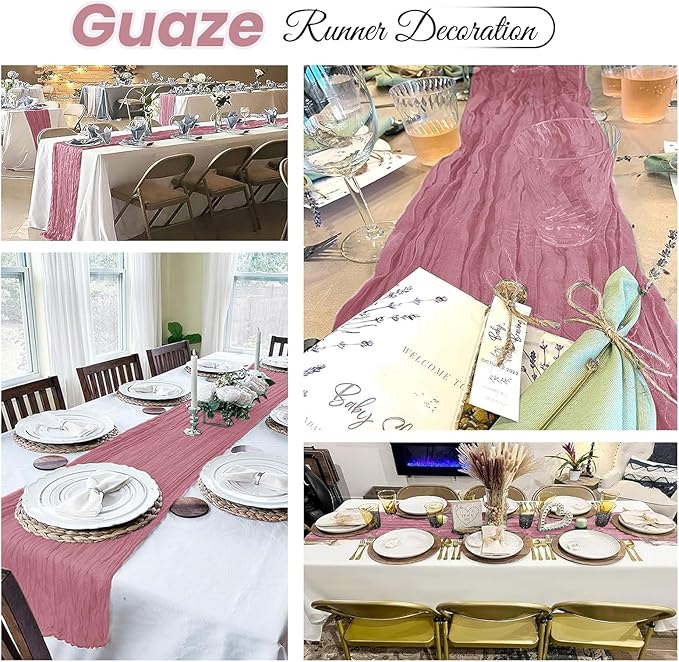 6 Pack Dusty Pink Cheesecloth Table Runner 20 x 120 inch Gauze Table Runners 10 FT Long,Semi Sheer Cheese Cloth Fabric Table Runner Bulk for Wedding,Party,Baby Shower,Bridal Shower Decoration