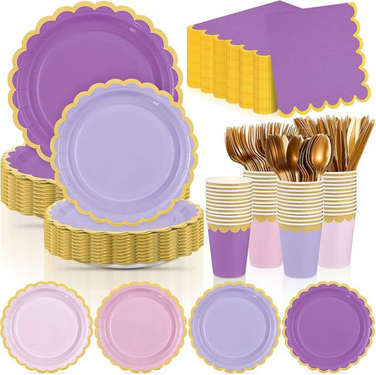 Mimorou 338 Pcs Purple Plates and Napkins Party Supplies for Guests Lavender Tableware Include Scalloped Plates Paper Napkin Cup Spoon Fork Knife for Baby Shower, Wedding, Birthday