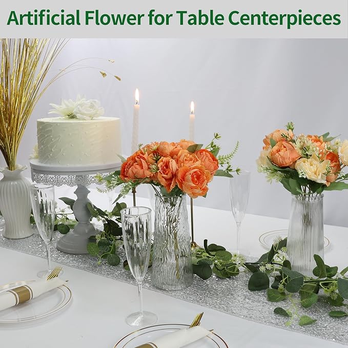 12 Packs Fall Peonies Artificial Flowers, Faux Peony Bouquet Silk Peonies Flowers for Centerpiece Table Wedding Party Home Decor (Orange)